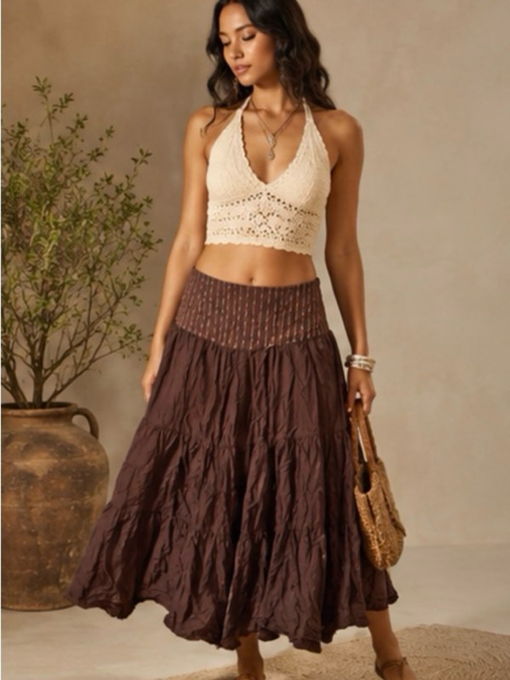 Vtg Y2K French Kiss Brown Sequin Embroidered Skirt NWOT Whimsigoth Boho 90s S